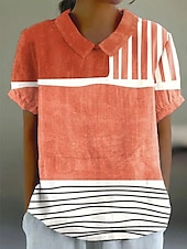 cheap Stripe&amp;Geometric Tops-Women&#039;s Blouse Graphic Geometric Striped Elegant Daily Stylish Short Sleeve Shirt Collar Regular Tops Work Daily Holiday Lace Yellow Blue Orange Summer Spring