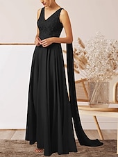 cheap Wedding Guest Dresses-A-Line Wedding Guest Dresses Elegant Dress Wedding Guest Engagement Floor Length Sleeveless V Neck Fall Wedding Guest Chiffon with Appliques