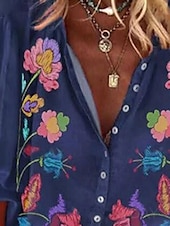 billige Blomstrete topper-Dame Bluse Blomstret Grafisk Bohem Daglig Fritid 3/4 ermer Høyhalset Vanlige topper Rynket Broderi Knapper Navyblå Lilla Sommer Vår