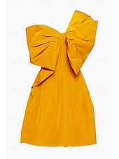 abordables Robes de bal de rentrée scolaire-Robe Moire moutarde jaune haute couture robe de bal A-Line robes de retour à la maison jacquard élégant robe formelle semi-formelle mariage courte  mini sans manches épaule unique avec nœud(s) robe