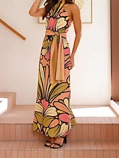 abordables concevoir des robes en coton et lin-Femmes Robe Longue Maxi Robe Robes en coton et lin Robe Décontractée Mode Extérieur Soirée Fête Coupe régulière Fleur Sans manches Col Halter Vert Été