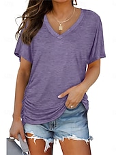 billige Plain t-skjorte-Dame Bluse Helfarge Stilfull Fritid Kortermet V-hals Vanlige topper Daglig Hvit Rosa Lilla Grå Sommer