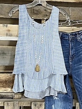 billiga Konst &amp; Design Linne-Kvinnors blus grafisk randig elegant damer romantisk utan ärm V-hals regelbundna toppar daglig patchwork tryck blå sommar vår