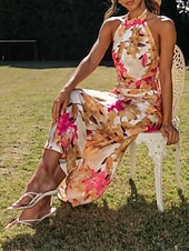 cheap Print Floral Dresses-Women's Long Dress Maxi Dress Floral Dress Halter Neck Dress Fashion Modern Vacation Going out Weekend Regular Fit Flower Sleeveless Halter Neck Yellow Pink Green Summer