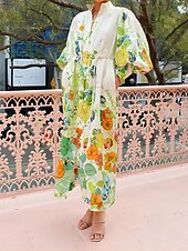 ieftine Rochii casual florale-Pentru femei Rochie Lunga Rochie Maxi Rochii de in bumbac Rochie casual Modă Mâneci Bufante În aer liber Petrecere Concediu Fit regulat Floare Manșon Lung Guler Cămașă Trifoi Vară