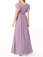 baratos Vestidos para Madrinhas-Vestido de dama de honra em corte A, gola redonda, manga longa, elegante, longo, chiffon com pregas / franzido 2025