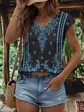 abordables Débardeur Boho-Débardeur camisole bohème pour femme, graphique, géométrique, vintage, élégant, classique, sans manches, manches courtes, col en V, régulier, imprimé quotidien, jaune, rouge, bleu, violet, vert, été,