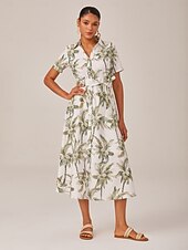 voordelige Vakantiejurken-Dames Vrouw Shirtjurk Casual jurk Jurk met print Halflange jurk Groen Korte mouw Blad Planten Palmboom Zak Omgord Afdrukken Zomer Lente Herfst Overhemdkraag Vakantie XS S M