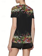 billige Blomster t-skjorte-Dame T skjorte Sommertopper Grafisk Klassisk Fritid Kortermet Crew-hals Crop Tops Daglig Helg Trykt mønster Svart Sommer Vår Høst