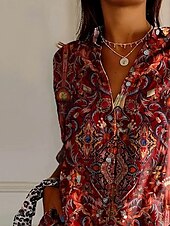 cheap Boho Tops-Women&#039;s Shirt Floral Graphic Paisley Bohemia Vintage Western Long Sleeve Shirt Collar Regular Tops Daily Holiday Vacation Wear Buttons Print Maroon Blue Rose Pink Summer Spring