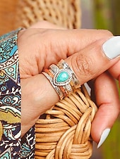 billige Kvinneringer-Boho turkis statementring til dame – vintage sølvfarget flerbåndsdesign med dråpeformet stein for hverdagsbruk, reise og festivalbruk