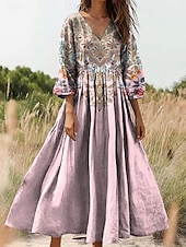 billige Boho-kjoler-Dame Maxikjole Solkjole Kjole med A-linje Plissert kjole Ferie Fritid Bohem Ut på byen Standard passform Blomstret Grafisk Paisly 3/4 ermer V-hals Rosa Rød Blå Oransje Sommer Vår