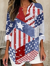 cheap Independence Day Top-Independence Day Women&#039;s Patriotic Fourth of July Blouse Graphic Flag Vintage Tropical Hawaiian Long Sleeve V Neck Regular Tops Daily Holiday Beach Wear Print Yellow Red Blue Summer Spring