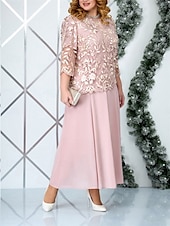 preiswerte Teelänge-A-Linie Plus Size Kleid Mutter der Braut Kurvenkleid Elegantes Rundhals Knöchel Länge Spitze 3/4 Länge Ärmel mit einfarbig 2025