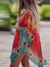 cheap Boho Dress-Women&#039;s Mini Dress A Line Dress Casual Boho Daily Holiday Beach Regular Fit Graphic 3/4 Length Sleeve V Neck Red Blue Green Summer Spring