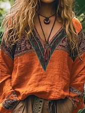 cheap Boho tee-Women&#039;s Cotton Linen Shirts Boho Shirt Blouse Flower Modern Boho Long Sleeve V Neck Regular Tops Holiday Going out Print Black Red Orange Dark Gray Apricot Summer