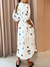 olcso design pamut és len ruhák-Női Midi ruha Ingruha Klasszikus Modern Szabadtéri Szabadság Alkalmi Normál Virág Féhosszú Állógallér Fehér Nyár