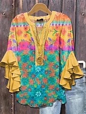 preiswerte Damen Kunst- und Design-Oberteile-Damenbluse V-Ausschnitt Schicht Rüschennähe Tops Floral Grafik Bohemia Vintage Alltag 3/4 Arm Reguläre Tops Alltag Urlaub Ferienmode Print Gelb Grün Hellblau Sommer Frühling Herbst