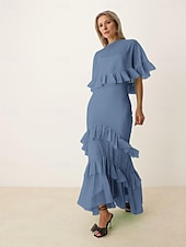 preiswerte Bodenlänge-A-Linie Brautmutter Kleid Rohe Kanten Einfach Minimalistisch Boot-Ausschnitt Bodenlang Chiffon Kurzarm mit Kaskade Rüschen
