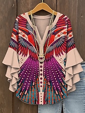 tanie Damskie topy boho-Damska koszula retro z warstwowym rękawem w falbanki vintage z graficznym wzorem geometrycznym abstrakcyjnym bohemia vintage codzienna z rękawem 3/4 półrękawem dekoltem w serek regularna na co dzień