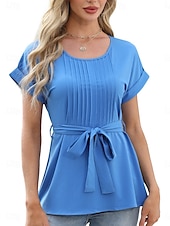 billige Kvinne Enkle Topper-Dame Bluse Helfarge Stilfull Fritid Kortermet Crew-hals Vanlige topper Daglig Blondér Blå Fuksia Grønn Aprikos Sommer