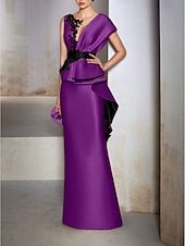 abordables JAUNE-Robe de soirée fourreau élégante robe formelle invitée à un mariage longueur sol manches courtes décolleté en V en satin avec volants broderies et appliqués 2025