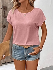 preiswerte Einfarbiges T-Shirt-Damen T-Shirt Einfarbig Einfach Mode Modern Lässig Kurzarm Rundhalsausschnitt Regulär Oberteile Täglich Wochenende Spitze Patchwork Schwarz Weiß Pink Khaki Sommer