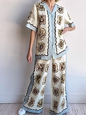 baratos Conjuntos-Mulheres Moda Roupa de rua Camisas de algodão e linho Conjuntos de linho de algodão Conjuntos de calças Manga Curta Colarinho de Camisa Floral Imprimir Roupa Diária Encontro Azul Verão Normal