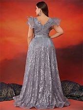 economico Champagne-Abiti A-Line Taglia Plus Elegante Abito Curve Formale per Matrimonio Lunghezza Della Terra Senza Maniche Collo A V In Paillettes 2025