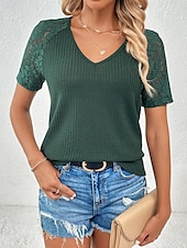 ieftine tricou simplu-Pentru femei Tricou Simplu Modă Stilat Modern Manșon scurt În V Topuri obișnuite Zilnic Sfârșit de săptămână Dantelă Peteci Negru Alb Roșu-aprins Trifoi Vară
