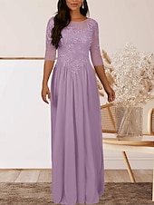 baratos Comprimento do chão-Vestido para Mãe da Noiva em A Convidada de Casamento Elegante Decote Redondo Comprimento até o Chão Chiffon Manga Curta com Pregas e Apliques