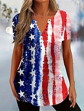 cheap Independence Day Top-Independence Day Women&#039;s Blouse Flag Stylish Casual Beach Short Sleeve V Neck Regular Tops Daily Buttons Print White Wine Red Blue Summer