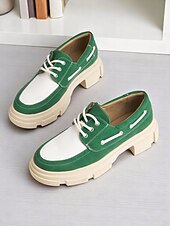 abordables Richelieu femme-Chaussures à plateforme style Oxford pour femmes - Bloc de couleurs vert et blanc tendance avec semelle épaisse, idéales pour les déplacements quotidiens et les journées de bureau décontractées