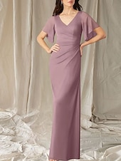 abordables Longueur du plancher-Sirène / Trompette Robe de Mère de Mariée  robe demoiselle d honneur Élégant Doux Col en V Longueur au sol Chiffon Manche Courte avec Fronces 2025