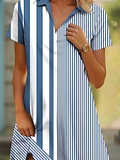 tanie Sukienka w paski i geometryczna-Damskie Sukienka midi Sukienka A line Letnie sukienki Urlop Codzienny Styl plażowy Randka Letnia sukienka Regularny Graficzny Prążki Krótki rękaw Klapa Jasnobrązowy Niebieski Zielony Lato