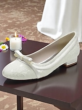 abordables Occasionnel-Ballerines en dentelle blanche pour femme avec nœud – Chaussures de mariage à talon bas pour mariée ou demoiselle d&#039;honneur