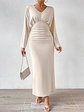 preiswerte Bodenlänge-Kleid Brautmutterkleid Elegant V Ausschnitt Bodenlang Jersey Langarm mit Gerafft 2025