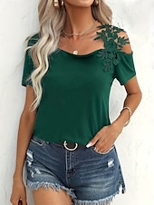 preiswerte Einfarbiges T-Shirt-Damen T Shirt Einfach Mode Modern Lässig Kurzarm V Ausschnitt Normale Oberteile Täglich Wochenende Patchwork Bestickt Schwarz Weiß Braun Grün Sommer Frühling