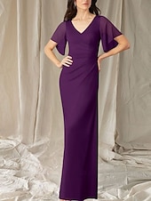 abordables Longueur du plancher-Sirène / Trompette Robe de Mère de Mariée  robe demoiselle d honneur Élégant Doux Col en V Longueur au sol Chiffon Manche Courte avec Fronces 2025