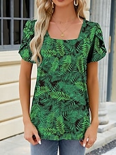 tanie koszulka w kwiaty-Damskie Podkoszulek Kwiaty Moda Nowoczesny Codzienny Krótki rękaw Kwadratowy dekolt Zwykłe topy Codzienny Weekend Biały Wino Niebieski Zielony Lato
