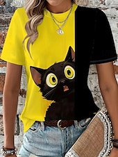 abordables T-shirt Animaux-Femmes T-shirt Graphique Animal Chat ancien Élégant Classique Manche Courte Col ras du cou Col rond Hauts Réguliers Quotidien Week-end Imprimé Jaune Été Printemps