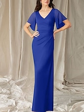 abordables Longueur du plancher-Sirène / Trompette Robe de Mère de Mariée  robe demoiselle d honneur Élégant Doux Col en V Longueur au sol Chiffon Manche Courte avec Fronces 2025