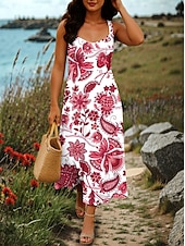 preiswerte Boho Kleider-Damen Maxikleid A Linie Kleid Sommerkleid Schulterfreies Kleid Urlaub Lässig Party Date Normale Passform Blumen Grafik Stammes Ärmellos Quadrathals Rote Orange Grün Sommer Frühling