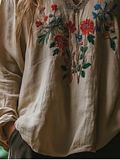 economico T-shirt Boho-Per donna Camicie di cotone e lino Camicia Boho Blusa Fiore Moderno Boho Manica Lunga Scollo a V Top Regolari Quotidiano Ferie Stampato Albicocca Estate