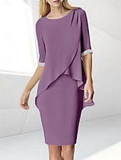 preiswerte Teelänge-Strandhochzeit Etuikleid Mutter der Braut Kleid Hochzeitsgast Eleganter Juwelenausschnitt Teelänge Chiffon halblangärmelig mit Perlen-Raffung