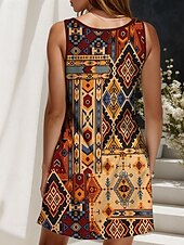 ieftine Rochii boho-Pentru femei Rochie Mini Rochie de Vară Rochie A line Rochie de vară Rochie cu umeri Casual Concediu Plajă Fit regulat Grafic Tribal Fără manșon În V Galben Roșu-aprins Albastru piscină Mov Var