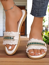 levne Sandály na dovolenou-Dámské boho sandály s třásněmi a zelenými drahokamy, ploché letní pantofle pro ležérní plážové nošení i každodenní výlety