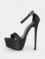 halpa Platta Sandalet-naisten mustat glitter-korkokengät - peep-toe-nilkkaremmillä varustetut juhlakengät yöelämään ja klubitapahtumiin