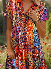 ieftine Rochie Artă și Design-Pentru femei Rochii Midi Rochie A line Rochie de vară Vacanță Casual Stiluri de Plajă Dată Rochie de vară Fit regulat Grafic Geometric Abstract Manșon scurt Rever Galben Roșu-aprins Albastru piscin