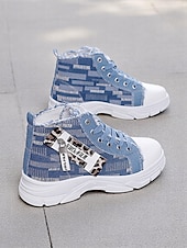 preiswerte Damen-Sneaker-Damen-Denim-High-Top-Plateau-Sneaker mit Leoparden-Detail – lässige Streetstyle-Schnürschuhe für Teenager und junge Erwachsene
